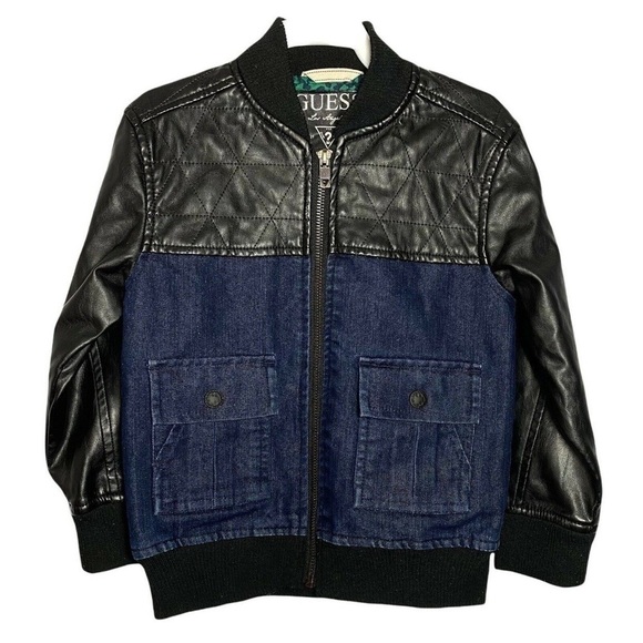 Guess Boys Kids Faux Vegan Leather Full Zip Denim Jean Jacket - Picture 2 of 10